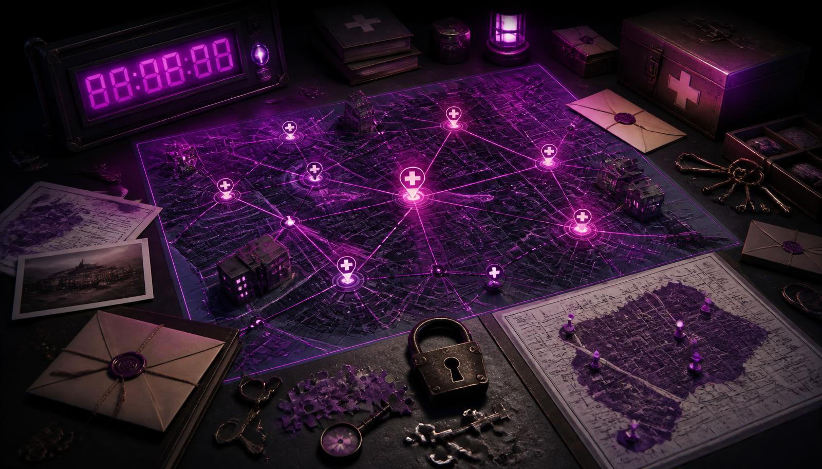 Mesa de misión del scape room: mapa del territorio médico, reloj en cuenta regresiva, candado y sobres sellados